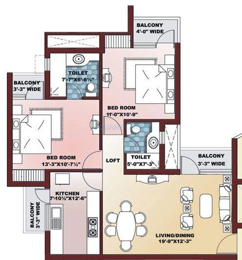 Floor plan of 2 BHK 1570 Sq. Ft. Apartment in Parsvnath Regalia, Ghaziabad