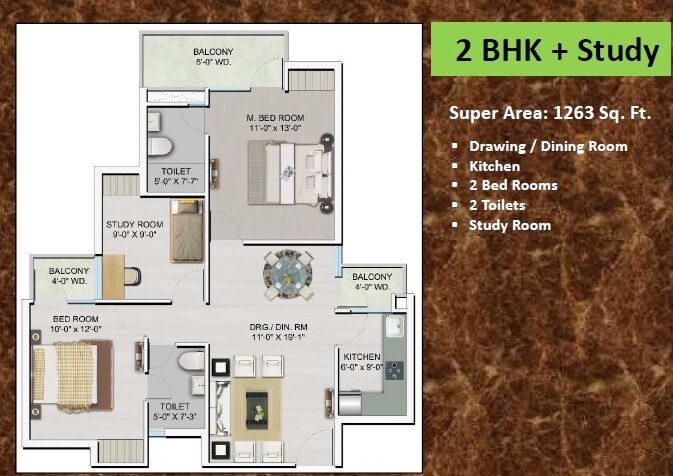 Floor plan of 2 BHK 1263 Sq. Ft. Apartment in Pearl Residency Gagan Vihar, Ghaziabad