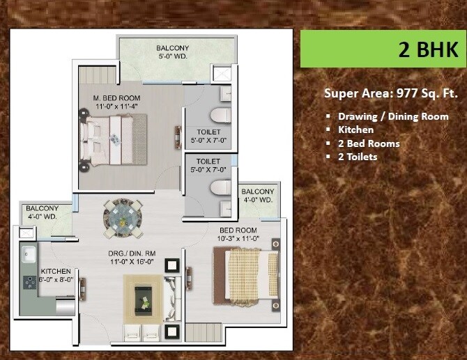Floor plan of 2 BHK 977 Sq. Ft. Apartment in Pearl Residency Gagan Vihar, Ghaziabad