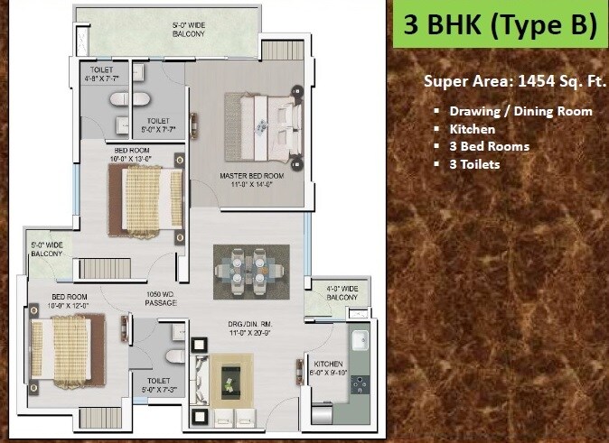 Floor plan of 3 BHK 1454 Sq. Ft. Apartment in Pearl Residency Gagan Vihar, Ghaziabad