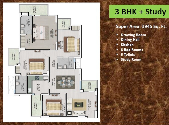 Floor plan of 3 BHK 1945 Sq. Ft. Apartment in Pearl Residency Gagan Vihar, Ghaziabad