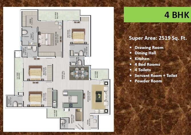 Floor plan of 4 BHK 2519 Sq. Ft. Apartment in Pearl Residency Gagan Vihar, Ghaziabad