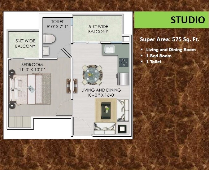 Floor plan of 575 Sq. Ft. Studio in Pearl Residency Gagan Vihar, Ghaziabad