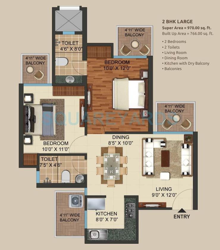 2 BHK 970 Sq. Ft. Apartment