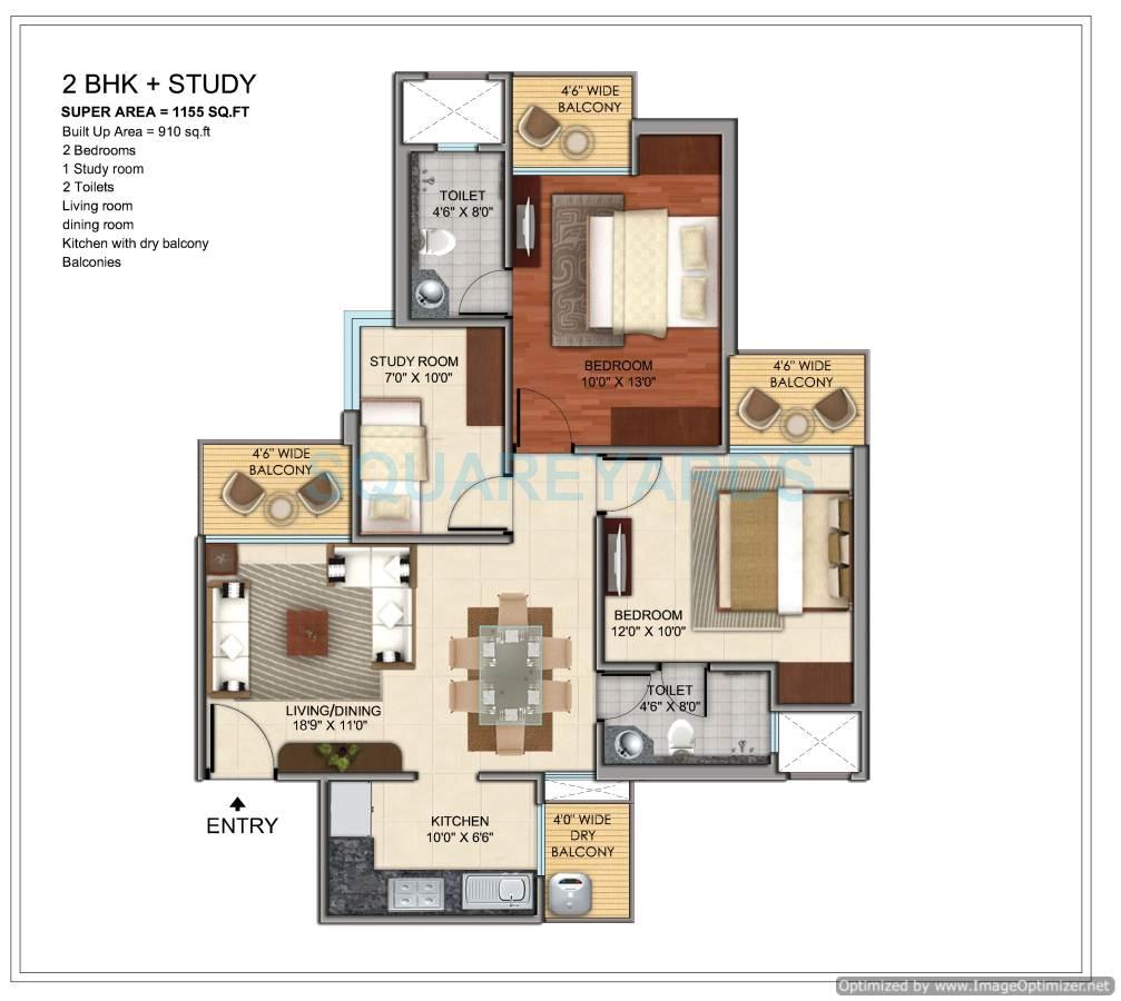 Floor plan of 2 BHK 1155 Sq. Ft. Apartment in Prateek Grand City, Ghaziabad
