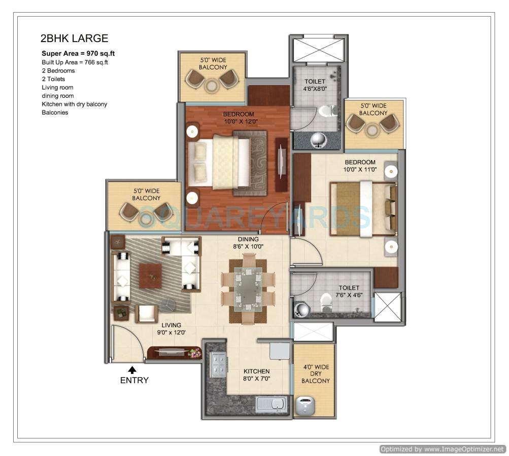 Floor plan of 2 BHK 970 Sq. Ft. Apartment in Prateek Grand City, Ghaziabad