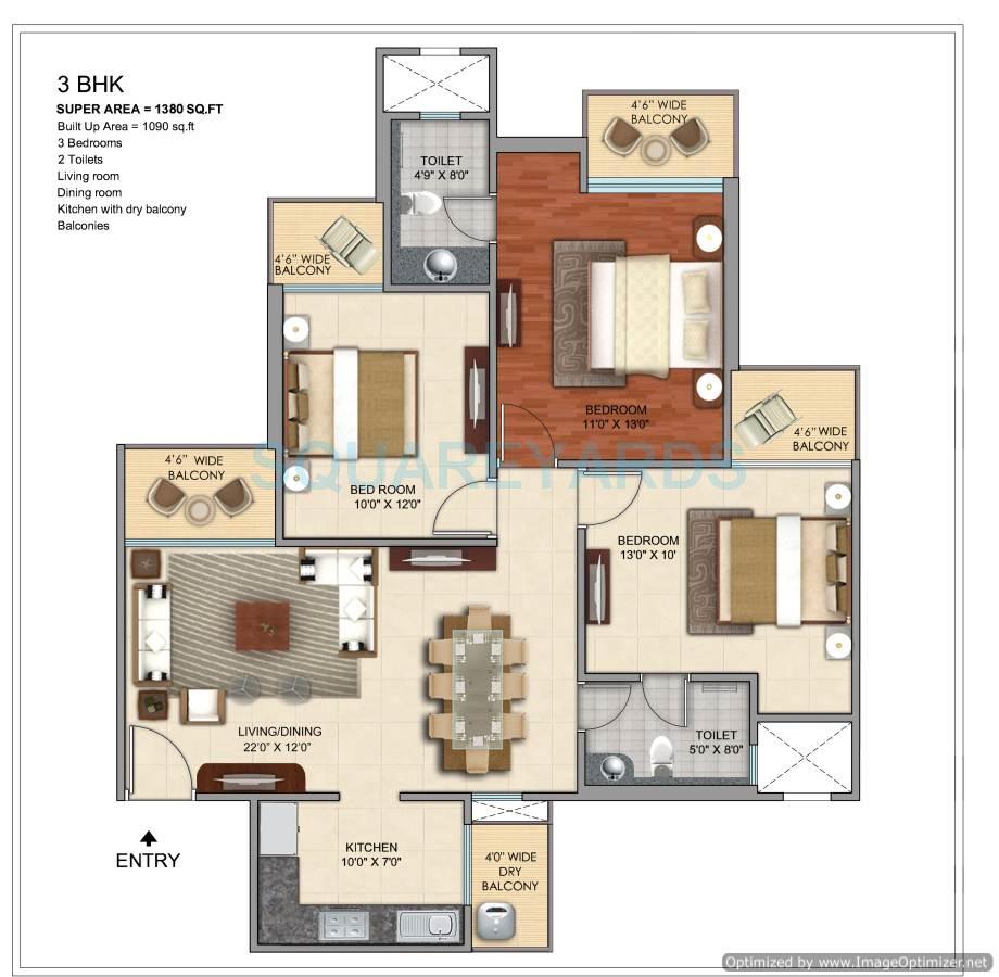 Floor plan of 3 BHK 1380 Sq. Ft. Apartment in Prateek Grand City, Ghaziabad