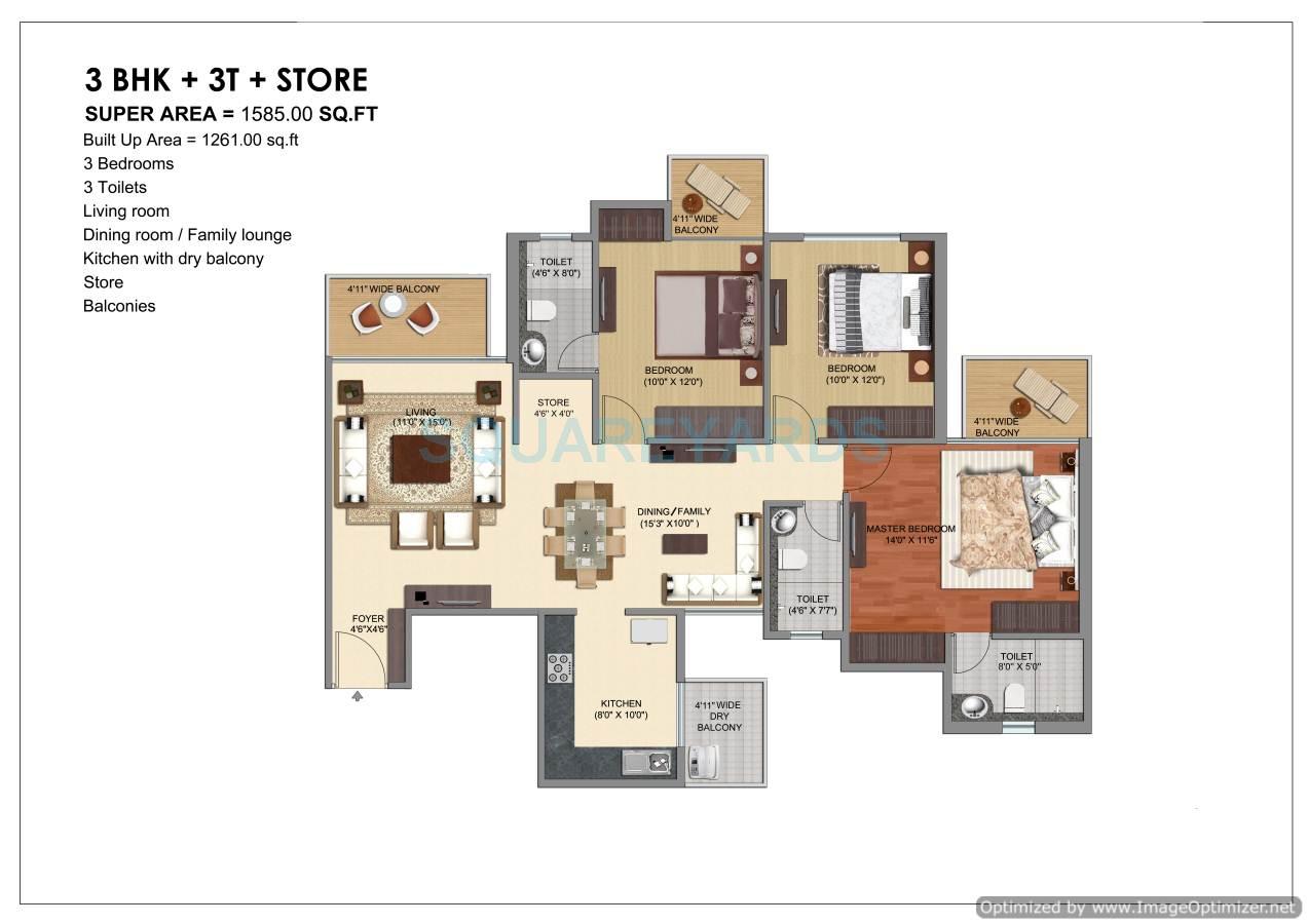 Floor plan of 3 BHK 1585 Sq. Ft. Apartment in Prateek Grand City, Ghaziabad