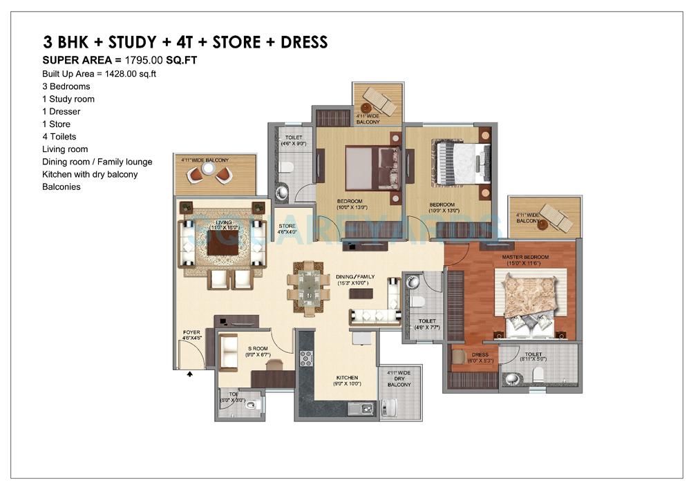 Floor plan of 3 BHK 1795 Sq. Ft. Apartment in Prateek Grand City, Ghaziabad