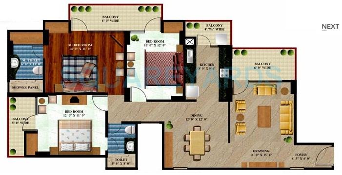 Floor plan of 3 BHK 1655 Sq. Ft. Apartment in Prateek The Royal Cliff, Ghaziabad