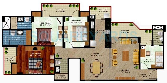 Floor plan of 3 BHK 1940 Sq. Ft. Apartment in Prateek The Royal Cliff, Ghaziabad