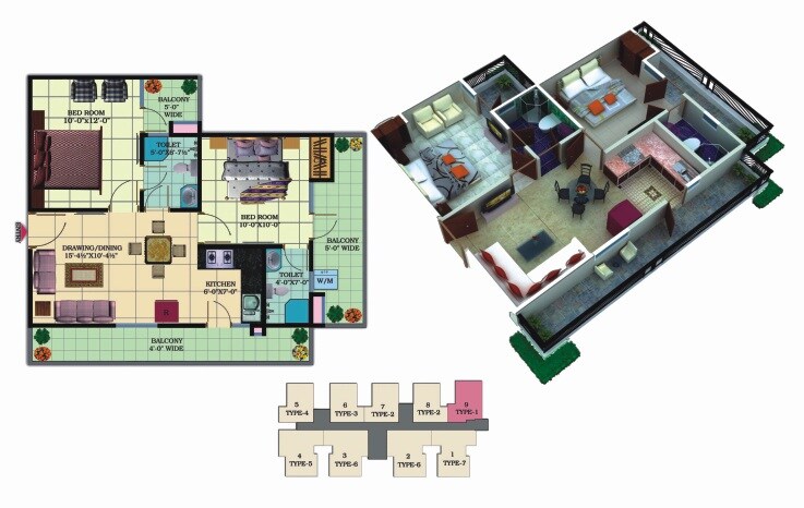 Floor plan of 2 BHK 995 Sq. Ft. Apartment in Prestige Heights Raj Nagar Extension, Ghaziabad