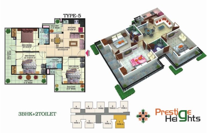 Floor plan of 3 BHK 1555 Sq. Ft. Apartment in Prestige Heights Raj Nagar Extension, Ghaziabad
