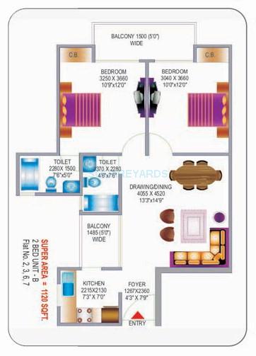 Floor plan of 2 BHK 1120 Sq. Ft. Apartment in Proview Laboni, Ghaziabad