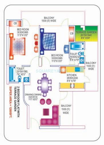 Floor plan of 2 BHK 1280 Sq. Ft. Apartment in Proview Laboni, Ghaziabad