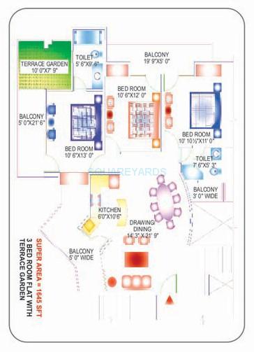 Floor plan of 3 BHK 1645 Sq. Ft. Apartment in Proview Laboni, Ghaziabad