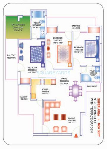 Floor plan of 3 BHK 1680 Sq. Ft. Apartment in Proview Laboni, Ghaziabad