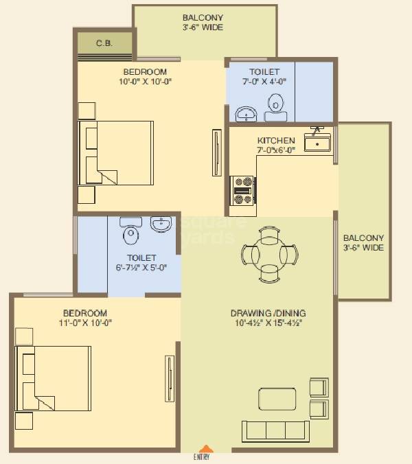 Floor plan of 2 BHK 890 Sq. Ft. Apartment in Proview Officer City 2, Ghaziabad