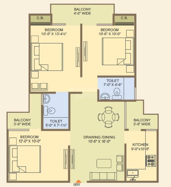 Floor plan of 3 BHK 1315 Sq. Ft. Apartment in Proview Officer City 2, Ghaziabad
