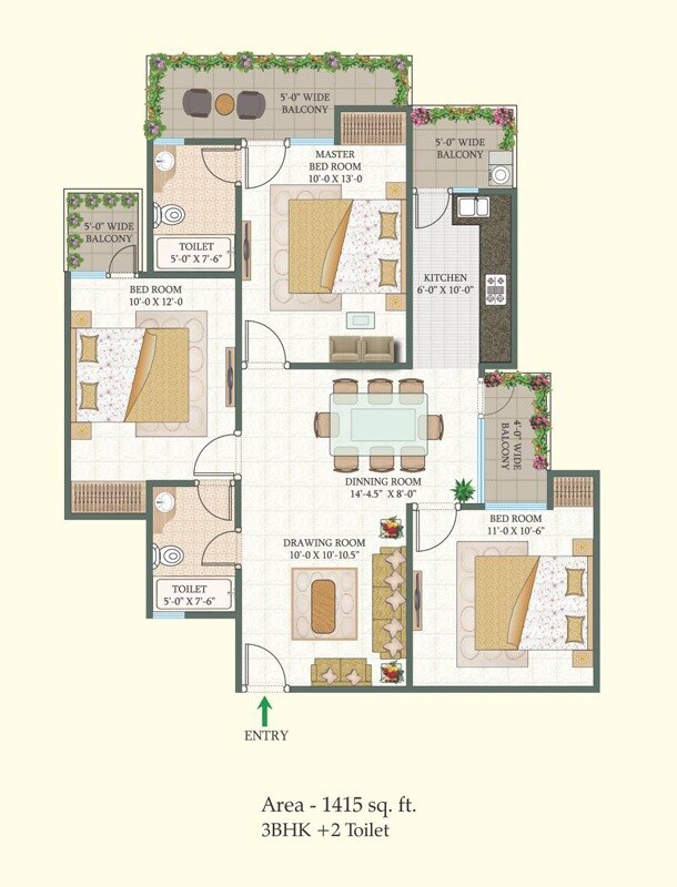 Floor plan of 3 BHK 1415 Sq. Ft. Apartment in Proview Shalimar City Phase I, Ghaziabad