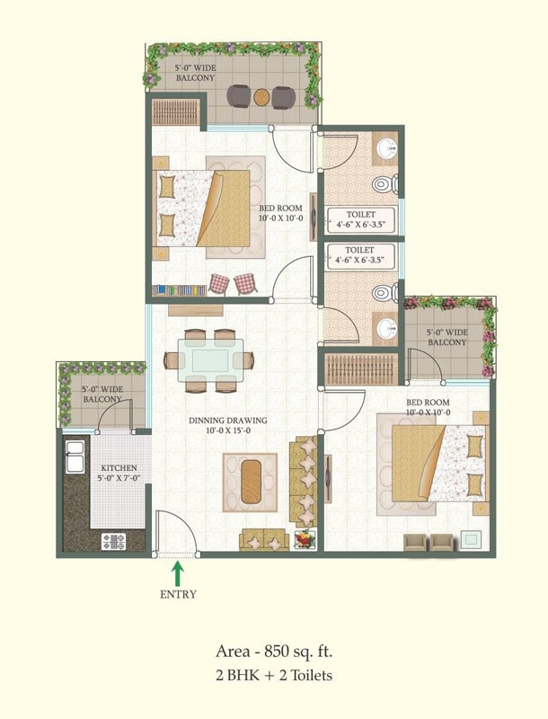 Floor plan of 2 BHK 850 Sq. Ft. Apartment in Proview Shalimar City Phase II, Ghaziabad