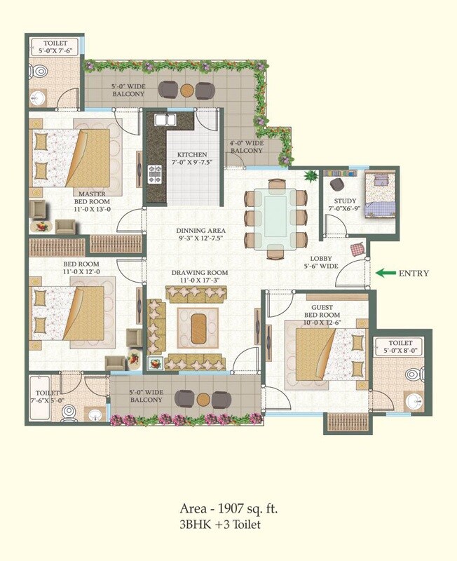 Floor plan of 3 BHK 1907 Sq. Ft. Apartment in Proview Shalimar City Phase II, Ghaziabad