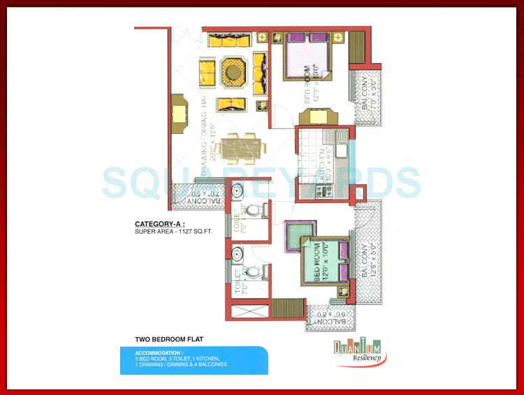 Floor plan of 2 BHK 1127 Sq. Ft. Apartment in Quantum Colonisers Quantum Residency, Ghaziabad