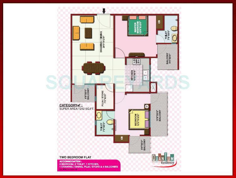 Floor plan of 2 BHK 1242 Sq. Ft. Apartment in Quantum Colonisers Quantum Residency, Ghaziabad