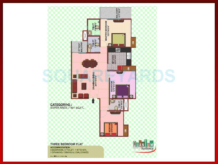 Floor plan of 3 BHK 1491 Sq. Ft. Apartment in Quantum Colonisers Quantum Residency, Ghaziabad