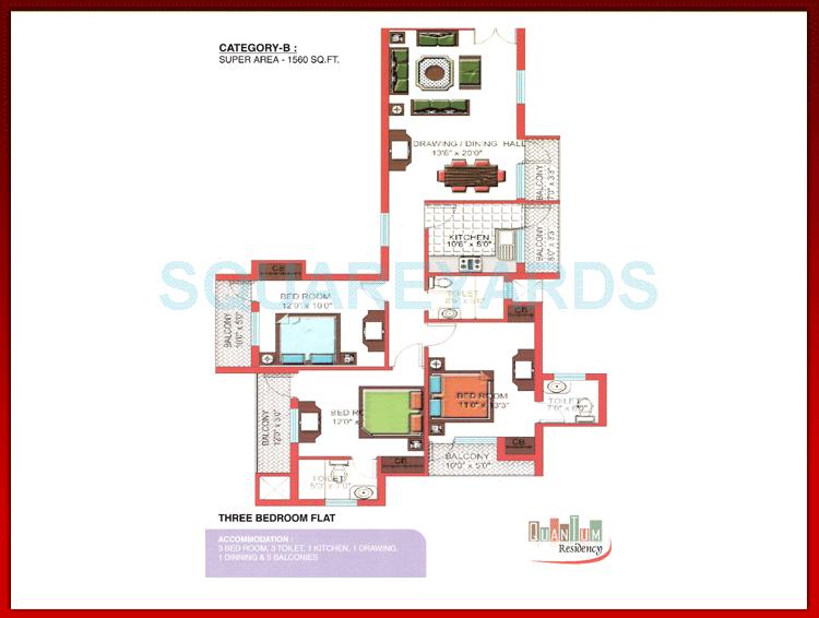 Floor plan of 3 BHK 1560 Sq. Ft. Apartment in Quantum Colonisers Quantum Residency, Ghaziabad