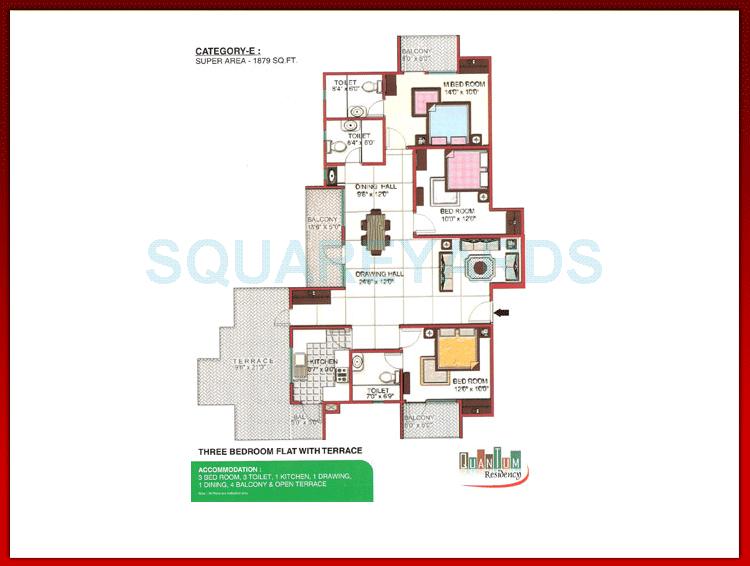 Floor plan of 3 BHK 1879 Sq. Ft. Apartment in Quantum Colonisers Quantum Residency, Ghaziabad