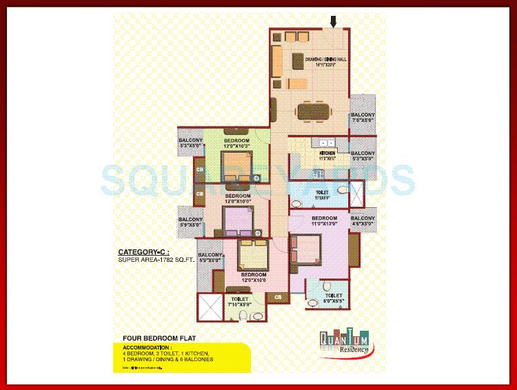 Floor plan of 4 BHK 1782 Sq. Ft. Apartment in Quantum Colonisers Quantum Residency, Ghaziabad