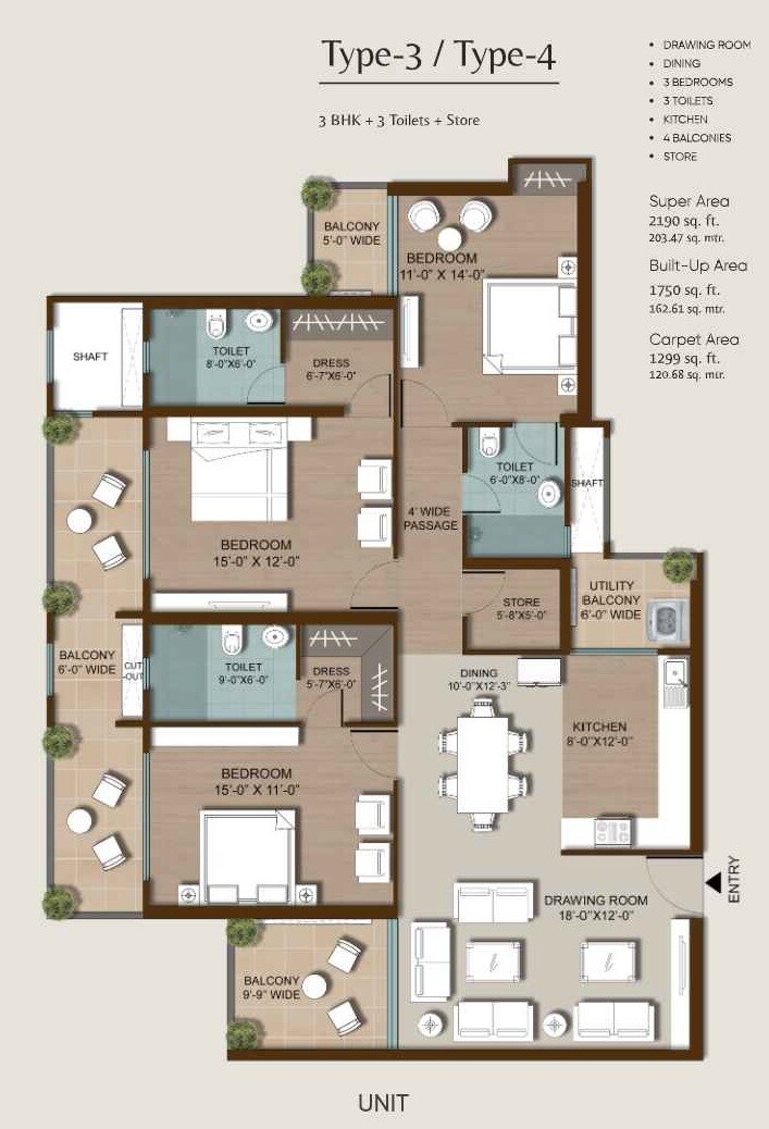 Floor plan of 3 BHK 2190 Sq. Ft. Apartment in Ramprastha Attalika, Ghaziabad