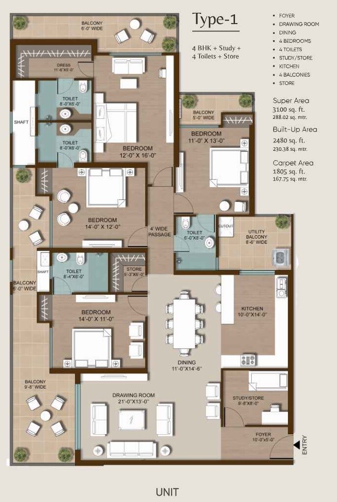 Floor plan of 4 BHK 3100 Sq. Ft. Apartment in Ramprastha Attalika, Ghaziabad