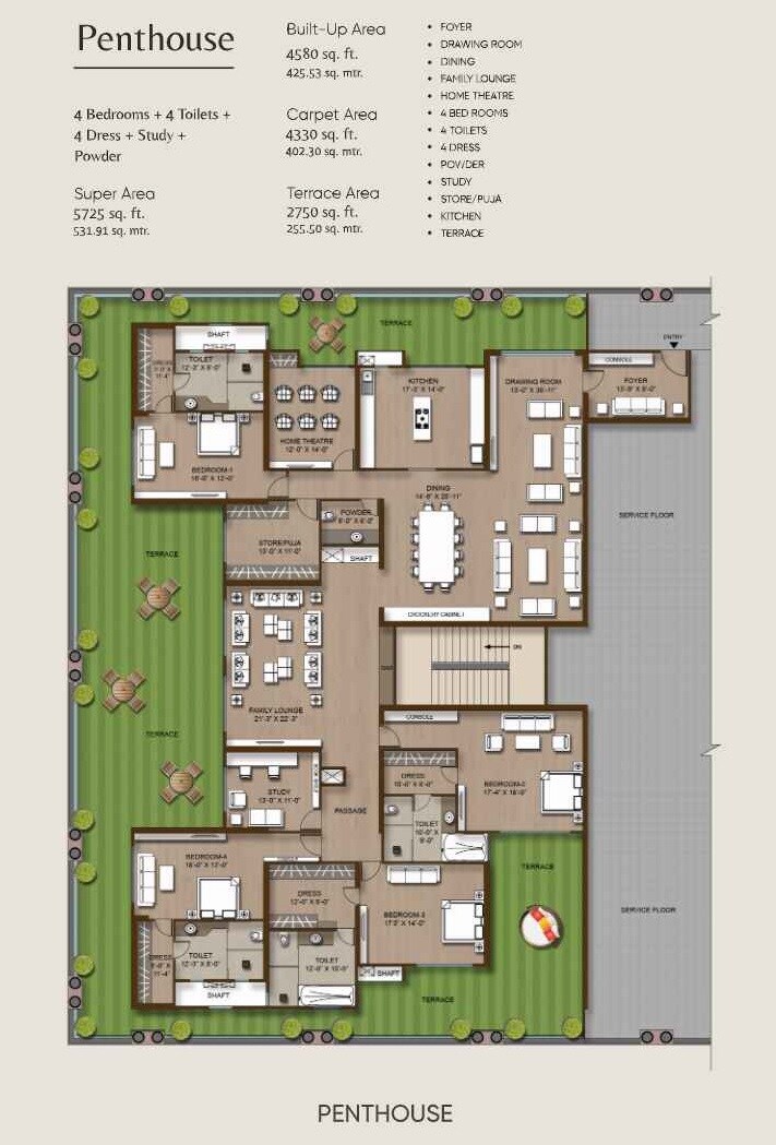 Floor plan of 4 BHK 5725 Sq. Ft. Penthouse in Ramprastha Attalika, Ghaziabad
