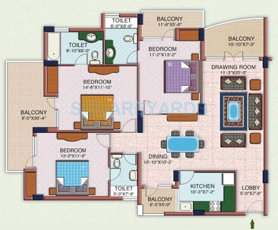 Floor plan of 3 BHK 1725 Sq. Ft. Apartment in Ramprastha Emerald Heights, Ghaziabad