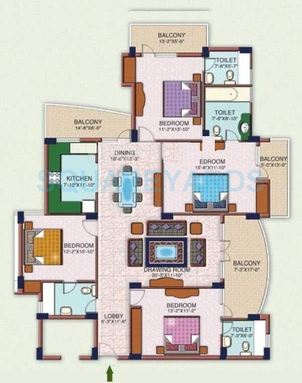 Floor plan of 4 BHK 2050 Sq. Ft. Apartment in Ramprastha Emerald Heights, Ghaziabad