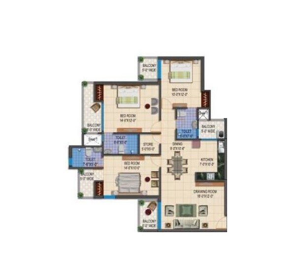 Floor plan of 3 BHK 1495 Sq. Ft. Apartment in Ramprastha Imperial Heights Phase 1, Ghaziabad