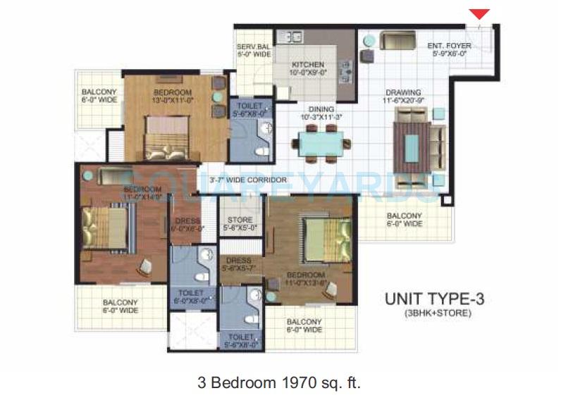 Floor plan of 3 BHK 1970 Sq. Ft. Apartment in Ramprastha Platinum Premier, Ghaziabad