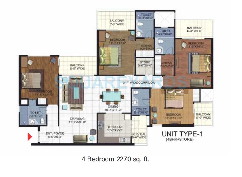 Floor plan of 4 BHK 2270 Sq. Ft. Apartment in Ramprastha Platinum Premier, Ghaziabad