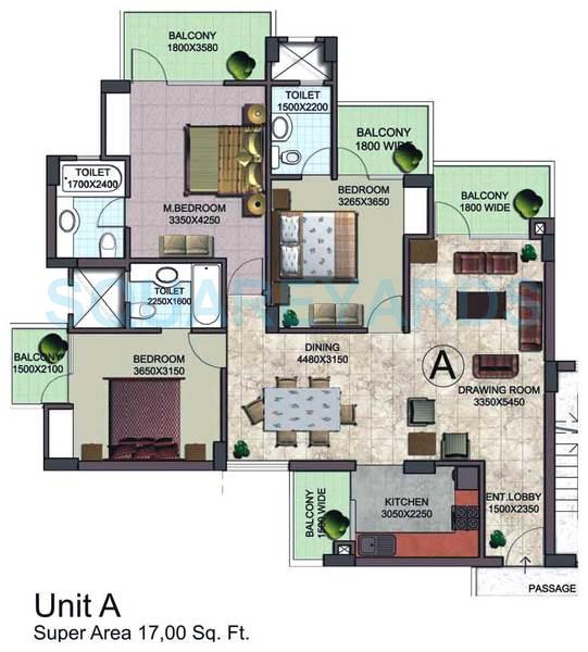 Floor plan of 3 BHK 1700 Sq. Ft. Apartment in Ramprastha Zen Spire, Ghaziabad