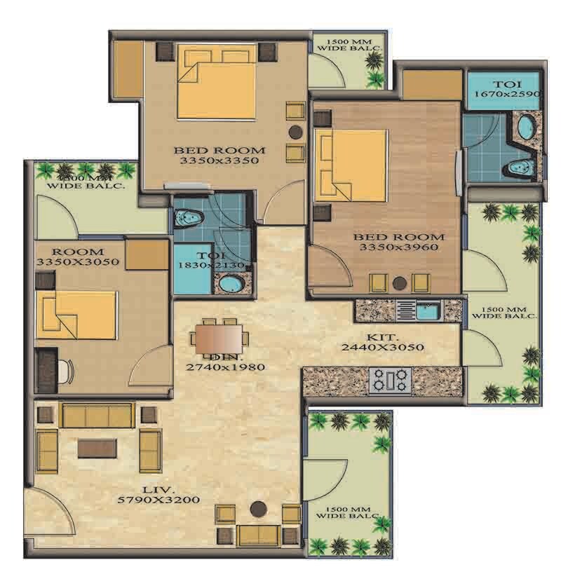 Floor plan of 3 BHK 1430 Sq. Ft. Apartment in Real Anchor World Residency, Ghaziabad