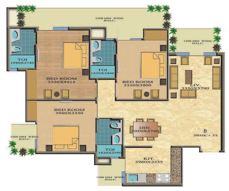 Floor plan of 3 BHK 1740 Sq. Ft. Apartment in Real Anchor World Residency, Ghaziabad