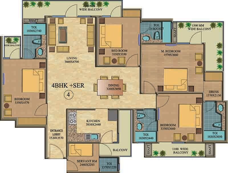 Floor plan of 4 BHK 2500 Sq. Ft. Apartment in Real Anchor World Residency, Ghaziabad