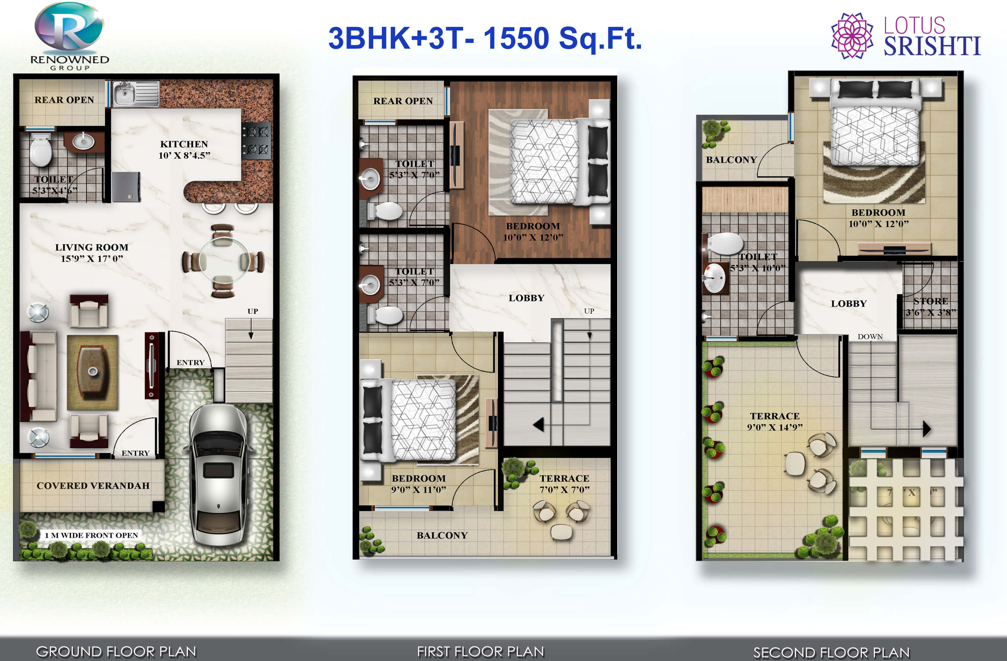 Floor plan of 3 BHK 1550 Sq. Ft. Villa in Renowned Lotus Srishti, Ghaziabad