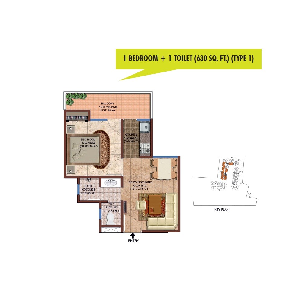 Floor plan of 1 BHK 630 Sq. Ft. Apartment in Rise Organic Ghar, Ghaziabad