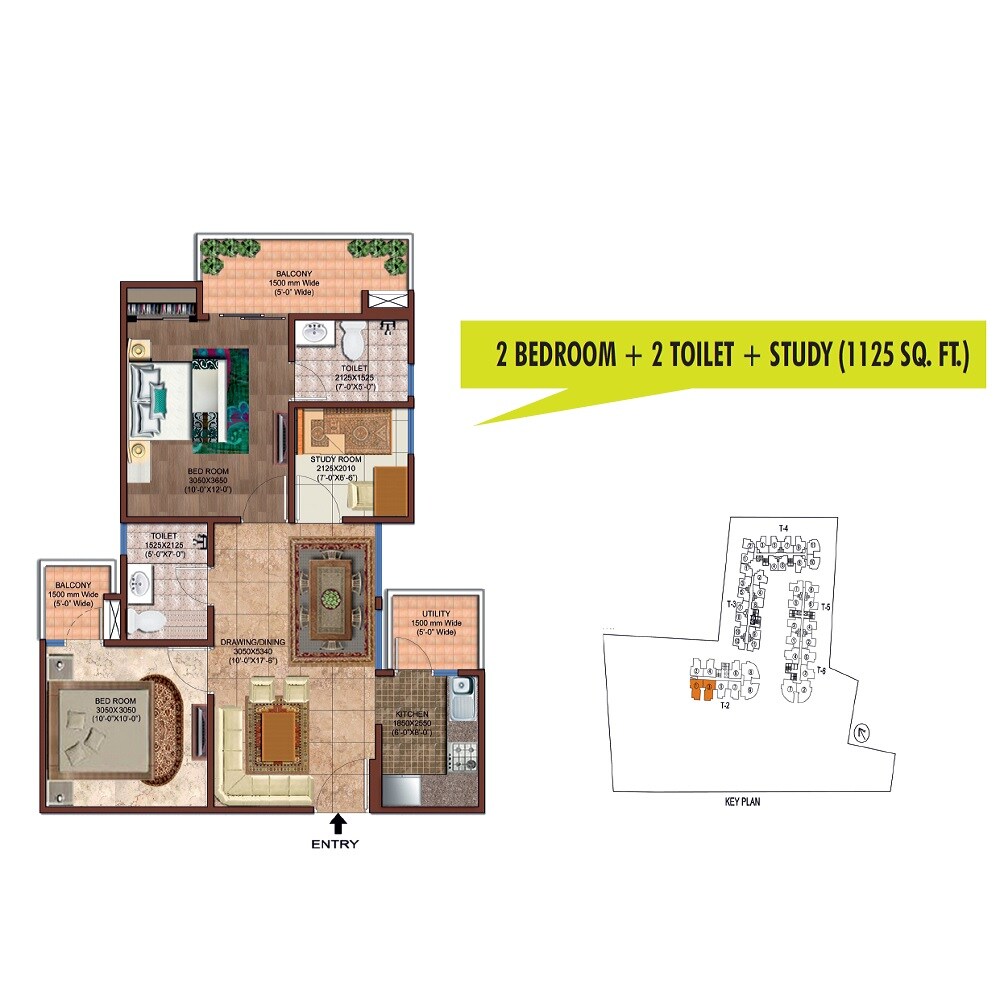 Floor plan of 2 BHK 1125 Sq. Ft. Apartment in Rise Organic Ghar, Ghaziabad