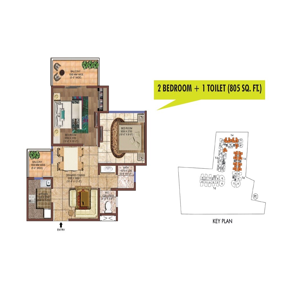 Floor plan of 2 BHK 805 Sq. Ft. Apartment in Rise Organic Ghar, Ghaziabad