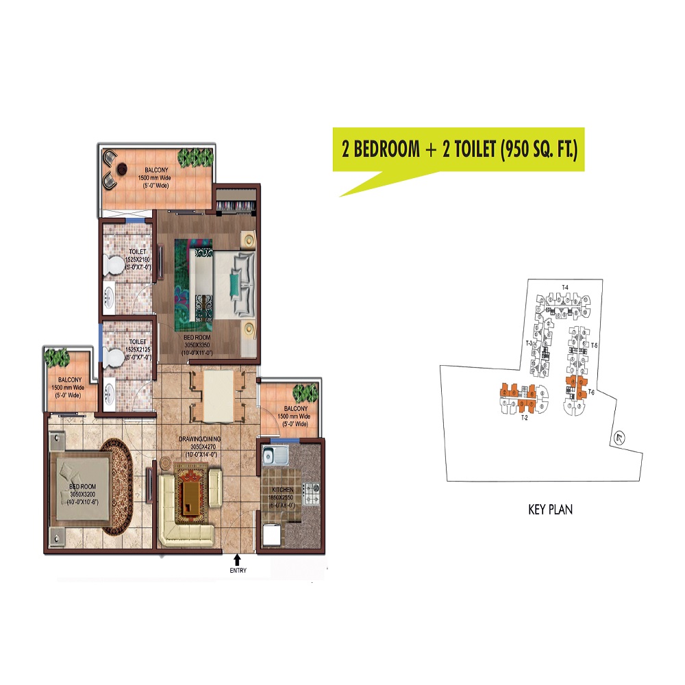 Floor plan of 2 BHK 950 Sq. Ft. Apartment in Rise Organic Ghar, Ghaziabad