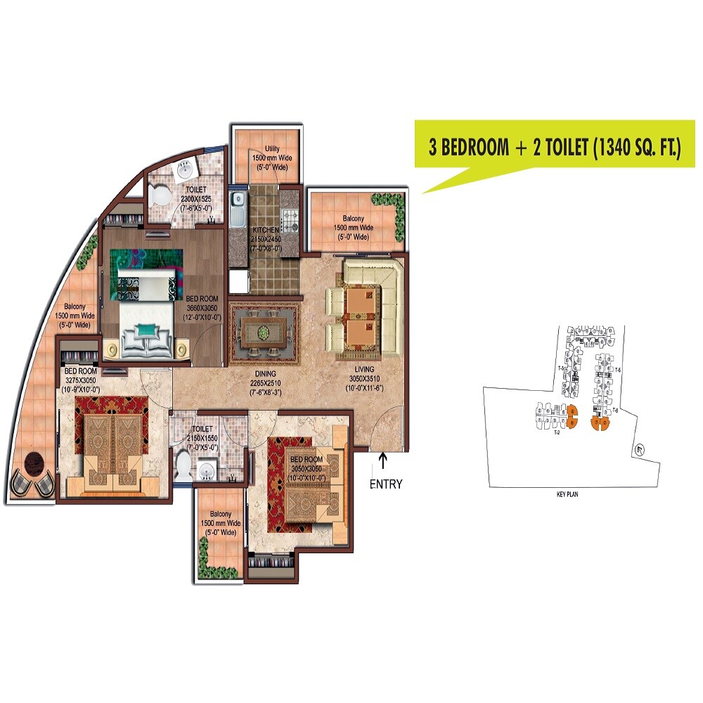 Floor plan of 3 BHK 1340 Sq. Ft. Apartment in Rise Organic Ghar, Ghaziabad